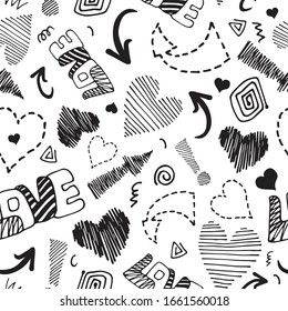 Seamless vector monochrome pattern of hearts, love inscription, arrows and spirals