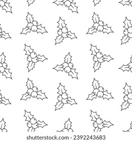 Seamless vector monochrome pattern with holly Christmas flower. Outline vector plant isolated on white