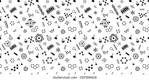 Seamless vector monochrome pattern with isolated chemical line signs. Chemical pattern for background, backdrop, web-design, textile, fabric, science magazine, invitations, science design