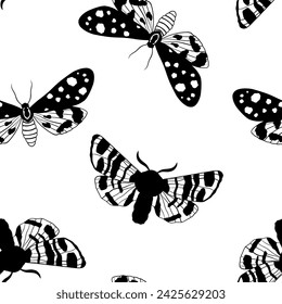 Seamless vector monochrome pattern with night moths. Hand drawn black doodle insects butterfly on white.
