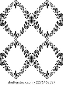 Seamless vector monochrome pattern with a rhombus of stems and foliage. Simple texture with black branches with leaves on white background for wallpaper and fabric.