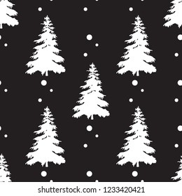Seamless vector monochrome pattern with silhouettes of pine tree and snow. 