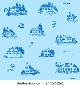 Seamless vector monochrome pattern with various rural houses. Hand drawn details. Ink and brush style.