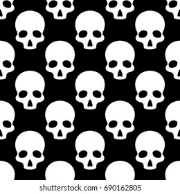 Seamless vector monochrome pattern.  White human scull on black background.