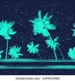 Patrón tropical monocromo del Vector inconsútil que representa la palmera negra en un fondo blanco con el polvo, las rayas y los rasguños