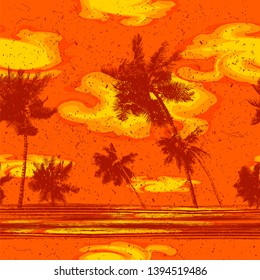 Seamless vector monochrome tropical pattern depicting burgundy palm tree on the sunset background with dust, streaks and scratches