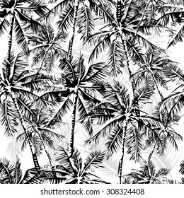 Seamless Vector Monochrome Tropical Pattern Depicting Black Palm Tree On A White Background