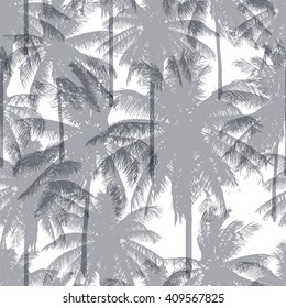 Seamless vector monochrome tropical pattern depicting black palm tree on a white background