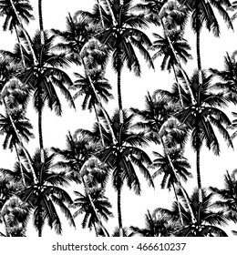 Seamless vector monochrome tropical pattern depicting black palm tree on a white background