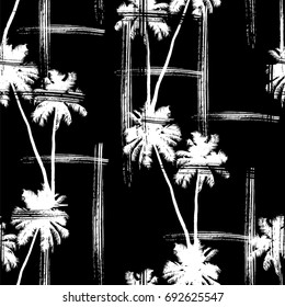 Seamless vector monochrome tropical pattern depicting black palm tree on a white background