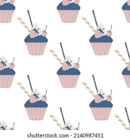 Seamless vector muffin cake pattern. Food repeat background for fabric, textile, wrapping, cover etc.