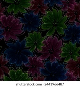 seamless vector multi color flowers pattern on navy background Botanical Motifs scattered random. 