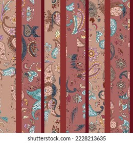 seamless vector multi color paisley pattern on stripe background