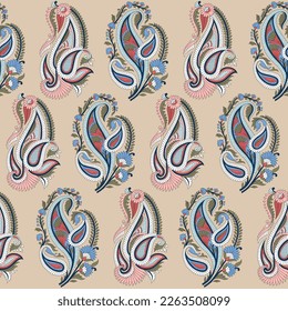 seamless vector multi color paisley bunches pattern on cream background