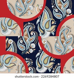 seamless vector multi color paisley bandanna pattern on red background