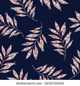 seamless vector multi color small flowers leaf pattern on navy background