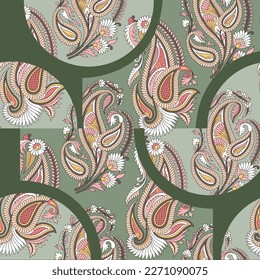 nahtlose Vektorgrafik-mehrfarbiges Stockpaisley-Bandanna-Muster auf grünem Hintergrund