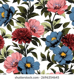seamless vector multi color stock flowers with leaf pattern of white