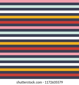 Seamless vector multi stripe pattern with colored horizontal parallel stripes red, blue,white, gold, pink and navy background. Surface pattern design.