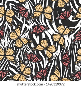 Seamless vector multicolor butterflies pattern. Butterfly on zebra print. Trendy animal motif wallpaper. Fashionable background for fabric, textile, design, banner, cover.