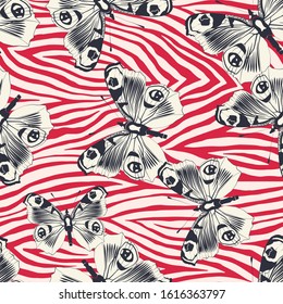 Seamless vector multicolor butterflies pattern. Butterfly on zebra print. Trendy animal motif wallpaper. Fashionable background for fabric, textile, design, banner, cover.