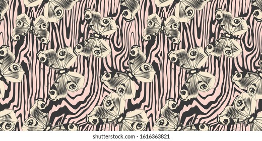 Seamless vector multicolor butterflies pattern. Butterfly on zebra print. Trendy animal motif wallpaper. Fashionable background for fabric, textile, design, banner, cover.
