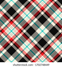 Patrón tartán diagonal multicolor sin fisuras vectoriales. Colocar fondo. Patrón clásico de lana de moda. Para tejidos, tejidos, envolturas, revestimientos, etc.