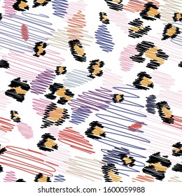 Seamless vector multicolor hand drawn leopard pattern. Stylish wild leopard print. Animal print background for fabric, textile, cover, wrapping etc. 10 eps design.