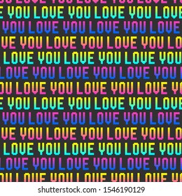 Seamless vector multicolor love sign pattern. Trendy pixel typography background. For cover, wrapping, fabric, textile, web etc. 10 eps design.