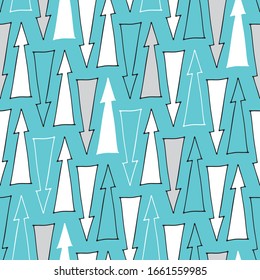 Seamless vector multicolor pattern of black, gray and white arrows on a blue background