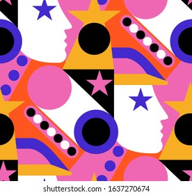 Seamless vector multicolor pattern. Person, stars and geometric shapes background. Repeat consructive design for fabric, textile, wrapping, cover, web etc.