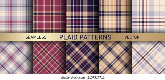 Seamless vector multicolor plaid patterns. Set of 10 tartan backgrounds. Collection of stylish geometric designs for fabric, textile, wrapping etc.