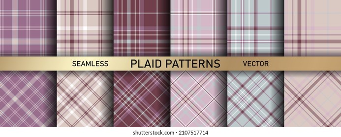 Seamless vector multicolor plaid patterns. Set of 12 tartan backgrounds. Collection of stylish geometric designs for fabric, textile, wrapping etc.
