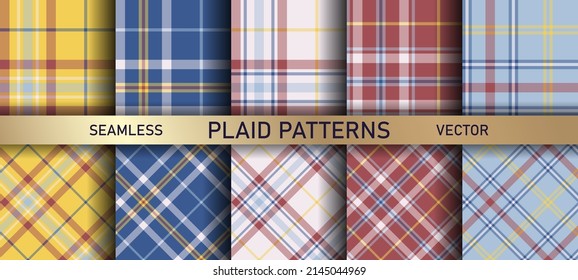 Seamless vector multicolor plaid patterns. Set of tartan backgrounds. Collection of stylish geometric designs for fabric, textile, wrapping etc.	