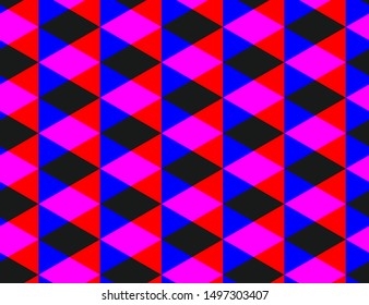 Seamless vector multicolor red, pink and blue triangles pattern on black. Stylish repeat abstract background for fabric, textile, web, cover, wrapping etc. 10 eps deign.