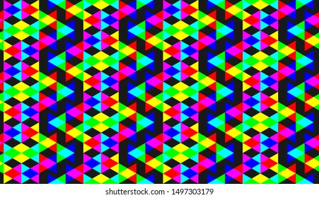Seamless vector multicolor triangles pattern on black. Fashionable repeat abstract background for fabric, textile, web, cover, wrapping etc. 10 eps deign.