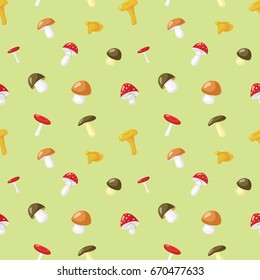 Seamless vector mushroom pattern of chanterelles, fly agaric, boletus, birch mushroom, russula, milk mushrooms, agarics, honey agarics, porcini.
