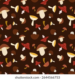 Seamless vector mushroom pattern on a dark brown background with a natural, forest-inspired design. Perfect for seasonal prints, fabric, wrapping paper, and autumn-themed digital or craft projects.