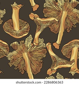 Seamless vector mushrooms pattern with chanterelles on brown background.