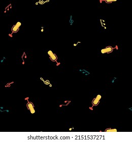 Seamless vector music pattern with notes, microphone.