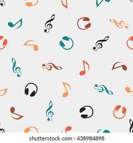 Seamless Vector Musical Pattern - Quaver Notes, Headphones, Treble Clef