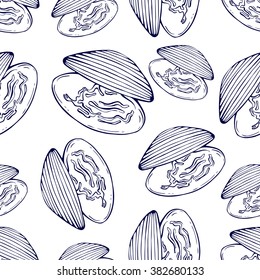 Seamless vector mussels pattern on white background
