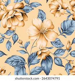 Vector sin costura mustered stock flores con patrón de hojas azules sobre fondo crema