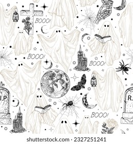 Seamless vector mystical pattern. Ghosts, moon, candles, insects in engraving style