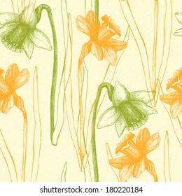 Seamless vector narcissus pattern on spotted background. Spring vintage background with lent lilies.