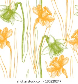 Seamless vector narcissus pattern. Spring vintage background with lent lilies.