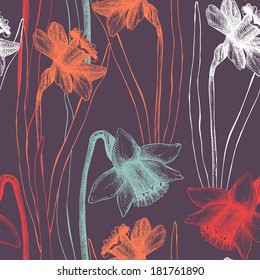 Seamless vector narcissus pattern. Spring vintage background with lent lilies.