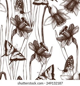 Seamless vector narcissus pattern. Spring vintage background with lent lilies and butterflies