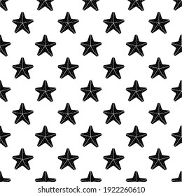 Seamless vector nautical pattern. Ocean themed. Trendy neutral black starfish shapes on a monochrome white background. Geometric. Perfect for fashion, textile design, home decor, and fabric design.