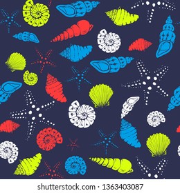 Seamless vector nautical pattern with shells. Vector background. Can be used for wallpaper, surface, banner, pack, web page. Blobs, stain, paints blot